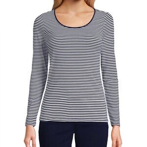Lands' End Navy and White Micro Striped Long Sleeve Tee